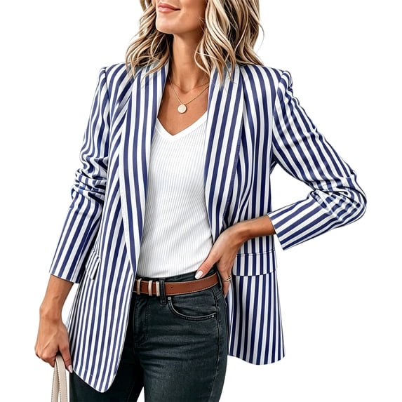 Women 3/4 Sleeve Blazer Stripe Printed Lightweight Breathable Business Casual Work Jackets with Pockets Navy
