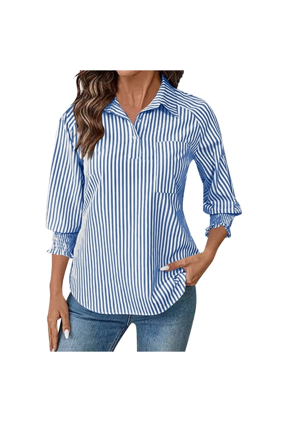 Women 3/4 Sleeve Button Down Shirt Smocked Cuffed Collared Tunic Top Business Casual Work Blouse with Pocket Dress Top