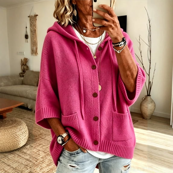 Women 3/4 Sleeve Button Drawstring Hooded Knit Cardigan Sweater with Pocket, XL