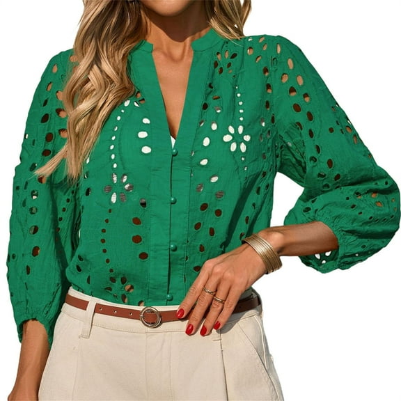 Women 3/4 Sleeve Casual V-neck Blouse Hollow-out Button Tops