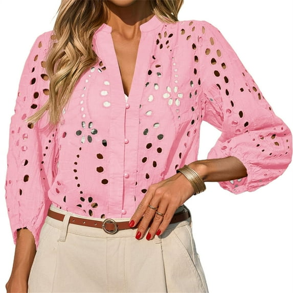 Women 3/4 Sleeve Casual V-neck Blouse Hollow-out Button Tops