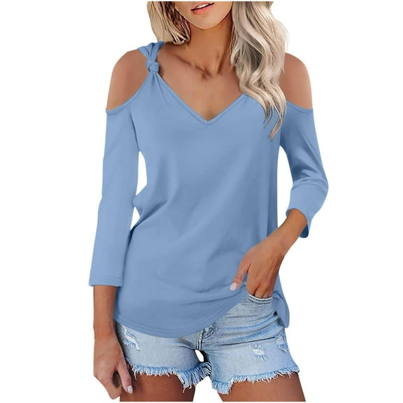 Women 3/4 Sleeve Cold Shoulder Tunic Tops V Neck Shirts Knotted Pure Color Comfy Fall Summer Tees Tshirts (M, Light Blue)