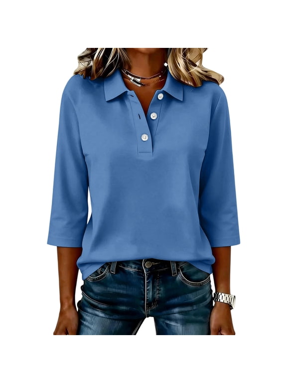 Women 3/4 Sleeve Collared Button Polo Shirts Solid Color Loose Casual Summer Work Daily Tops L