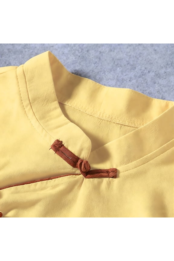 Women 3/4 Sleeve Cotton Linen Blouses Retro Chinese Frog Button Tops Floral Embroidered Mandarin Collar Peasant Shirts