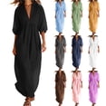 thumbnail image 1 of Women 3/4 Sleeve Cotton Linen Dress Plus Size V Neck Solid Color Maxi Dresses Casual Loose Beach Vacation Wear (XL, Black), 1 of 7