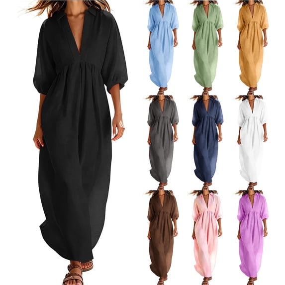 Women 3/4 Sleeve Cotton Linen Dress Plus Size V Neck Solid Color Maxi Dresses Casual Loose Beach Vacation Wear (XL, Black)