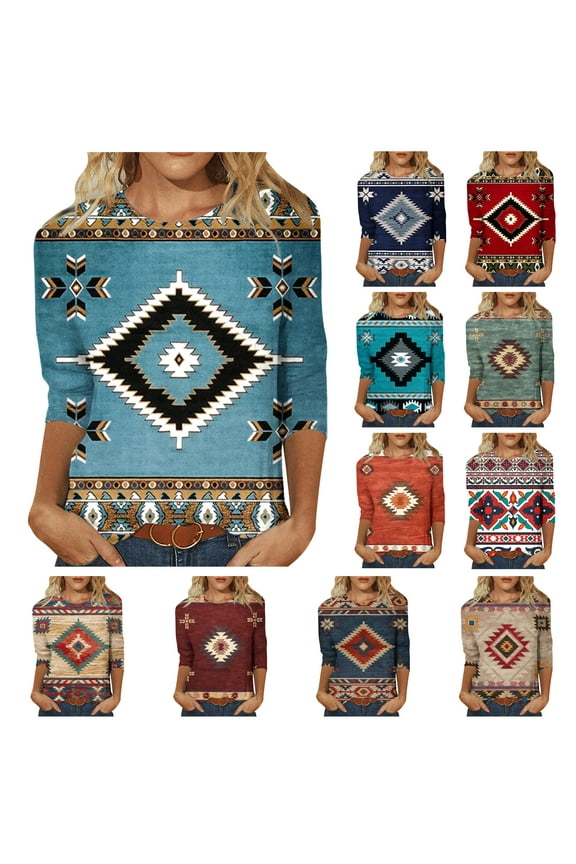 Women 3/4 Sleeve Crew Neck Shirts,Western Aztec Print Graphic Tees Causal T-shirt Loose Fit Summer Tunic Tops