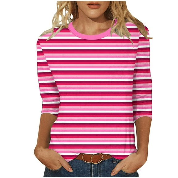 Women 3/4 Sleeve Crewneck Casual Fashion Stripe Print Outfits Tunic Blouses for Womens