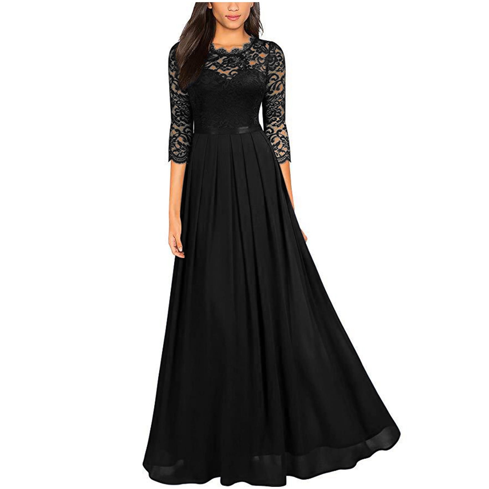 Women 3/4 Sleeve Evening Gown Maxi Dresses Lace Chiffon Elegant