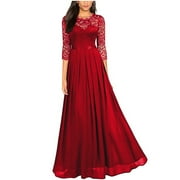 NEBZCIV Women 3/4 Sleeve Evening Gown Maxi Dresses Lace Chiffon Elegant Party Cocktail Wedding Guest Long Flowy Dress (Large, Wine)
