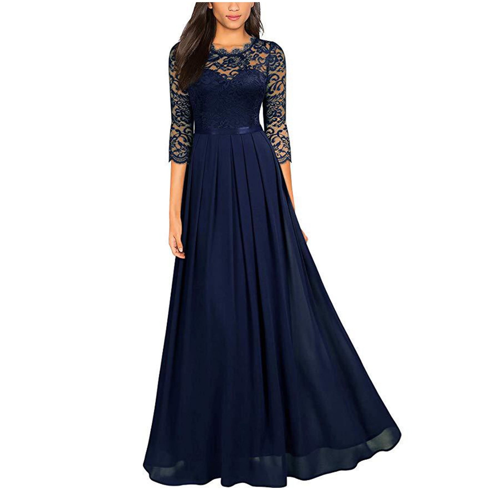 Women 3/4 Sleeve Evening Gown Maxi Dresses Lace Chiffon Elegant Party  Cocktail Wedding Guest Long Flowy Dress (XX-Large, Navy) - Walmart.com