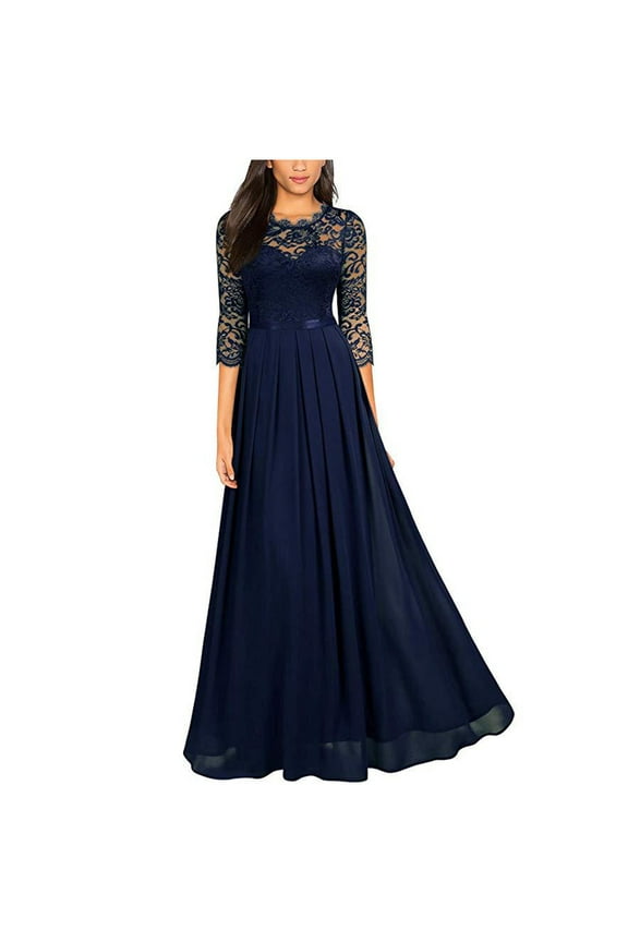 Women 3/4 Sleeve Evening Gown Maxi Dresses Lace Chiffon Elegant Party Cocktail Wedding Guest Long Flowy Dress (XX-Large, Navy)