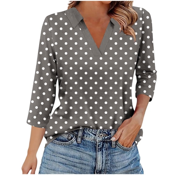 Women 3/4 Sleeve Henley V Neck Polka Dot Button Up Shirt Casual Loose Fit Workout Graphic Top 2025 Tee for Women
