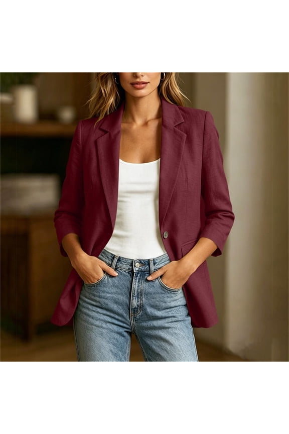 Women 3/4 Sleeve Linen Blazer Jacket, Notch Lapel Button Office Casual Suit Coat for Business Work Wine S