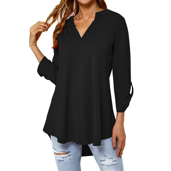 Women 3/4 Sleeve Notch V Neck Asymmetric Hem Shirt