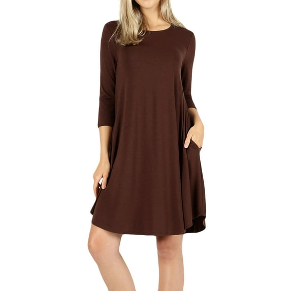 Women 3/4 Sleeve Round Hem A-Line Tunic Dress with Side Pockets