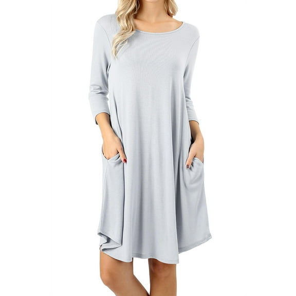 Women 3/4 Sleeve Round Hem A-Line Tunic Dress with Side Pockets