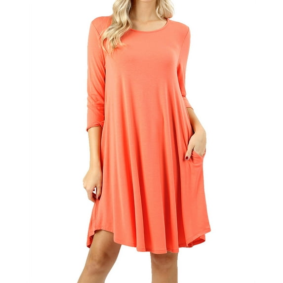 Women 3/4 Sleeve Round Hem A-Line Tunic Dress with Side Pockets