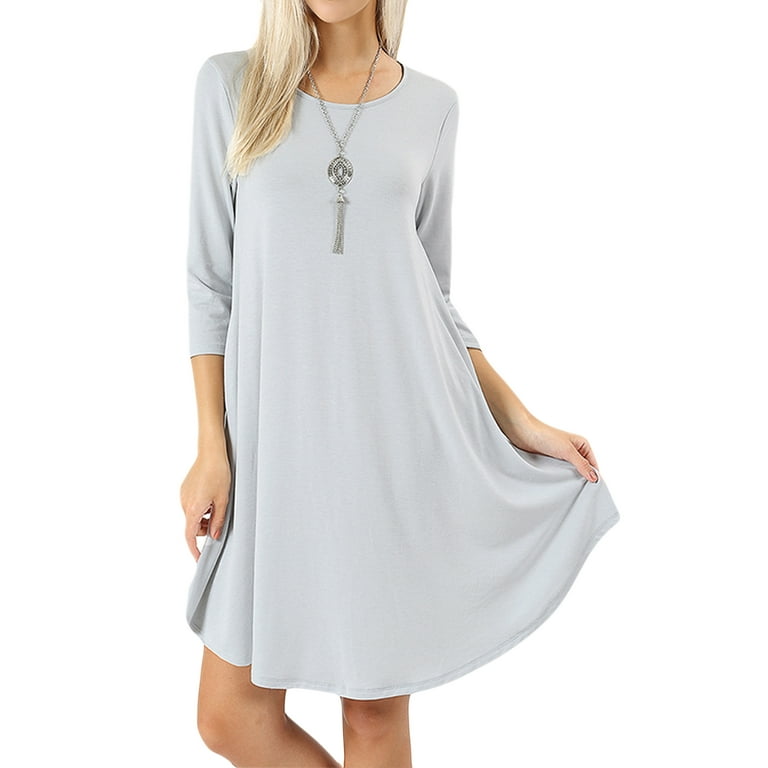 Women 3 4 Sleeve Round Hem A Line Tunic Dress with Side Pockets