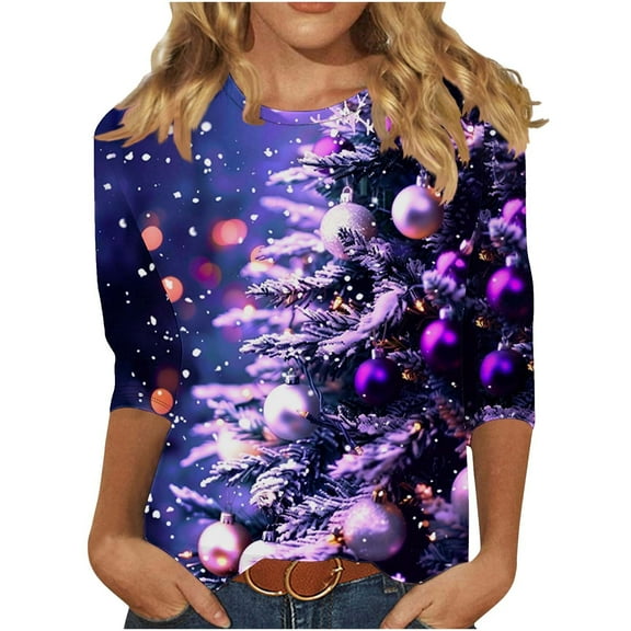 Women 3/4 Sleeve Shirts Christmas Pullovers Christmas Tree Printed Tees Santa Claus Graphic Sweatshirt Loose Casual Outfits Garland Clothes Shining Stars Garments Tops