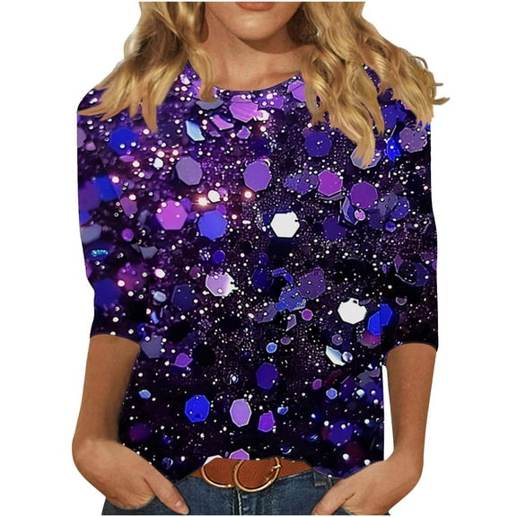 Women 3/4 Sleeve Shirts Christmas Pullovers Christmas Tree Printed Tees Santa Claus Graphic Sweatshirt Loose Casual Outfits Garland Clothes Shining Stars Garments Tops