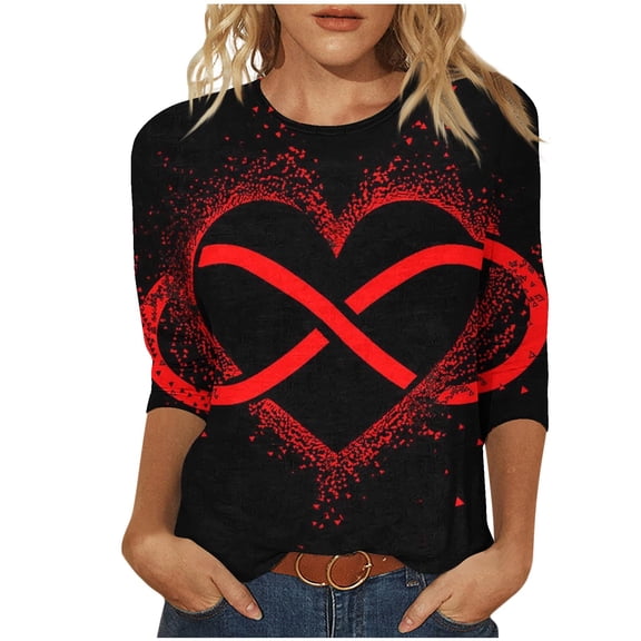 Women 3/4 Sleeve Shirts Tops Casual Heart T-Shirts Loose Plus Size Blouse Summer Tunic Top Outfits