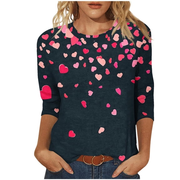 Women 3/4 Sleeve Shirts Tops Casual Heart T-Shirts Loose Plus Size Blouse Summer Tunic Top Outfits