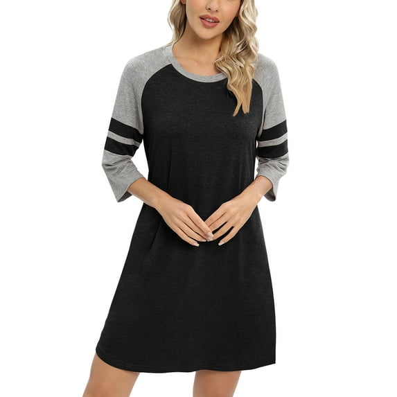 Women 3/4 Sleeve Sleeve Nightgown Loose Fit Sleepshirt Spring Fall Sunmer Calf-Length Soft House Dress Round Neck Comfy Sleepwear Loungewear, Black S-3XL