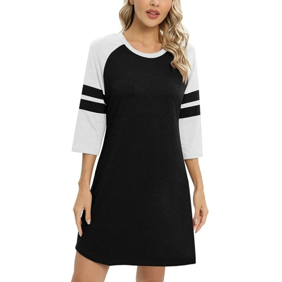 Women 3/4 Sleeve Sleeve Nightgown Loose Fit Sleepshirt Spring Fall Sunmer Calf-Length Soft House Dress Round Neck Comfy Sleepwear Loungewear, Black White S-3XL