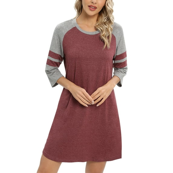 Women 3/4 Sleeve Sleeve Nightgown Loose Fit Sleepshirt Spring Fall Sunmer Calf-Length Soft House Dress Round Neck Comfy Sleepwear Loungewear, Red S-3XL