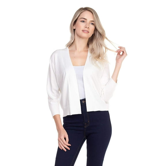"Women 3/4 Sleeve Solid Open Bolero Cropped Cardigan Shrug - White "