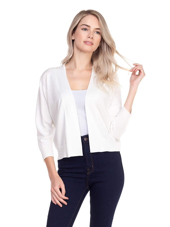 "Women 3/4 Sleeve Solid Open Bolero Cropped Cardigan Shrug - White "