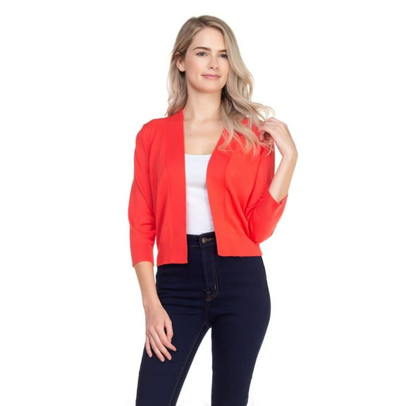 Women 3/4 Sleeve Solid Open Bolero Cropped Cardigan Shrug