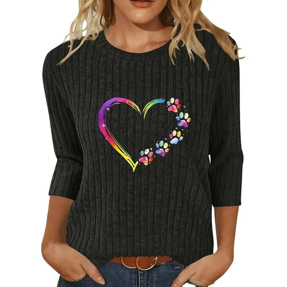 Women 3/4 Sleeve Sweater Tops Heart Printed Crew Neck Rib-knit Pullover Casual Tee Shirt Valentines Day Clothes (2XL, Black C)