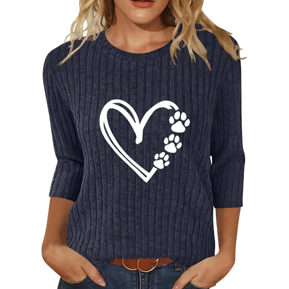 Women 3/4 Sleeve Sweater Tops Heart Printed Crew Neck Rib-knit Pullover Casual Tee Shirt Valentines Day Clothes (2XL, Navy A)