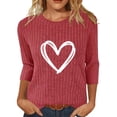 thumbnail image 1 of Women 3/4 Sleeve Sweater Tops Heart Printed Crew Neck Rib-knit Pullover Casual Tee Shirt Valentines Day Clothes (2XL, Wine B), 1 of 5