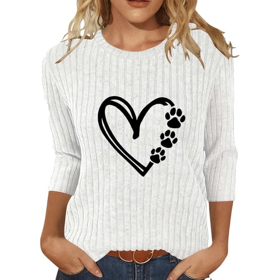 Women 3/4 Sleeve Sweater Tops Heart Printed Crew Neck Rib-knit Pullover Casual Tee Shirt Valentines Day Clothes (M, White A)