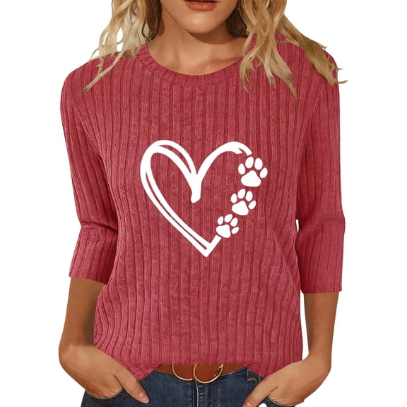 Women 3/4 Sleeve Sweater Tops Heart Printed Crew Neck Rib-knit Pullover Casual Tee Shirt Valentines Day Clothes (XL, Wine A)