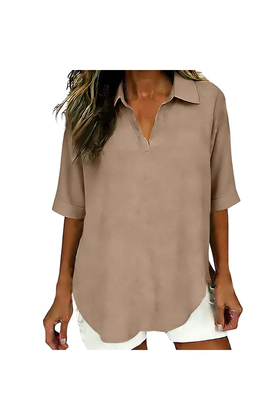 V-Neck Linen Shirt for Women Collared Elbow-Length Tees Shirts Travel Casual Loose Pullover Classic T-Shirt