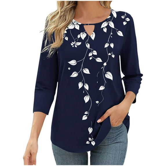 Women 3/4 Sleeve T-Shirts Floral Printed Shirt Hollow Out Tees Crew Neck Blouse Color Block Top Fashion Casual Tshirt Loose Fitted Tunic Tops Summer Travel Vacation Clothes Garment
