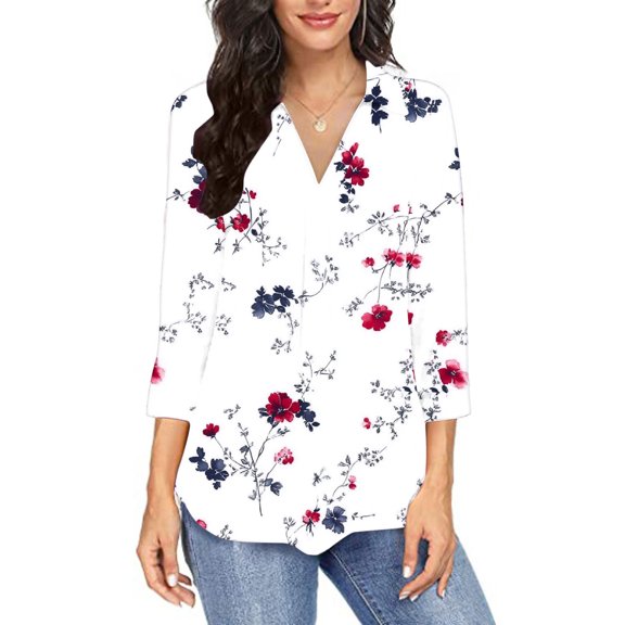 Women 3/4 Sleeve T Shirts Floral Summer Tops Dressy Casual Collared V Neck Tunic Blouse Fashion Tee