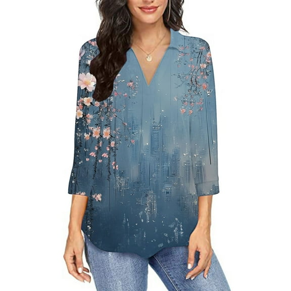 Women 3/4 Sleeve T Shirts Floral Summer Tops Dressy Casual Collared V Neck Tunic Blouse Fashion Tee