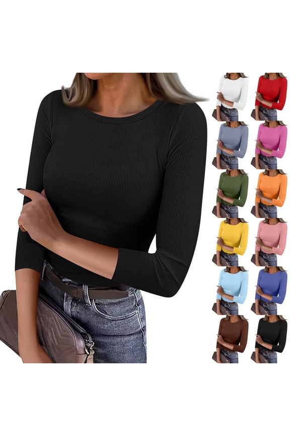 Women 3/4 Sleeve T Shirts Rib Knit Slim Fit Tops Basic Tee 2026 Fall Outfits Casual T-Shirt Underscrubs Layer Clothes Gray M