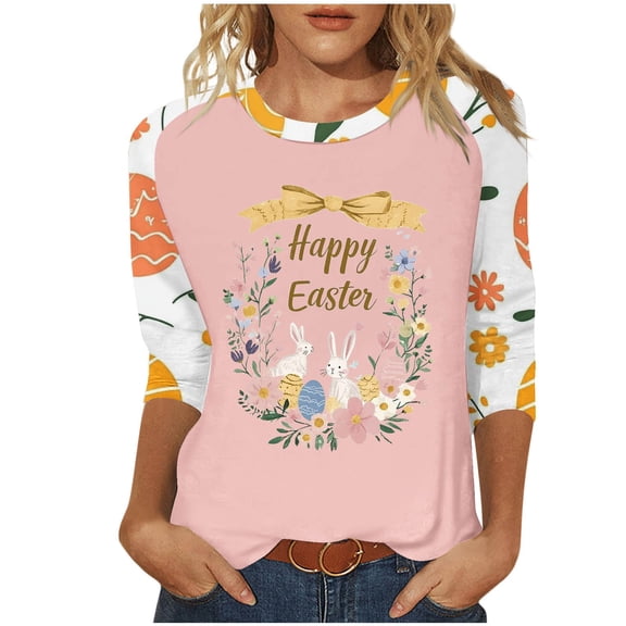 Women 3/4 Sleeve Tee Tops Casual Easter Shirts Bunny Blouses Lady Rabbit Tshirt