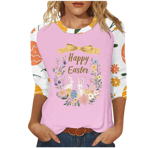 Women 3/4 Sleeve Tee Tops Casual Easter Shirts Bunny Blouses Lady Rabbit Tshirt