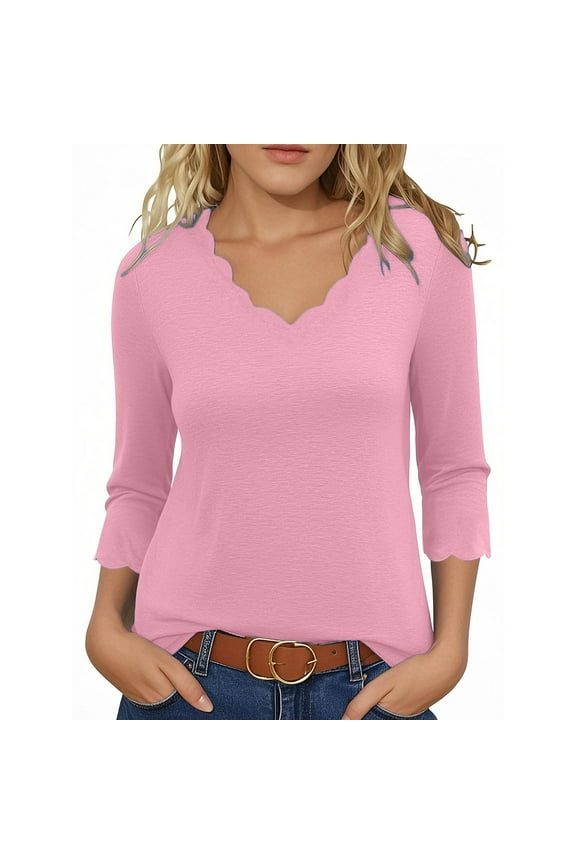 Women 3/4 Sleeve Tops Dressy Casual Summer T Shirt Scalloped Neck Lightweight Soft Plain Tee Slim Fit Tunic Blouse