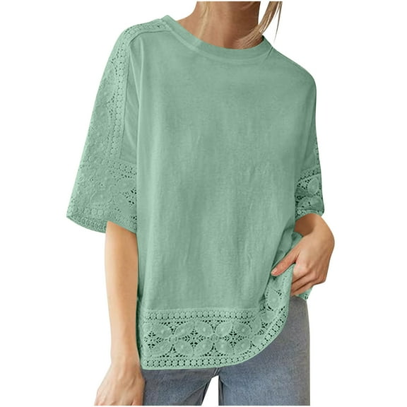 Women 3/4 Sleeve Tops Lace Patchwork Tshirts Crewneck Pullover Shirts Loose Oversize Blouses Casual
