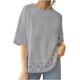 thumbnail image 1 of Women 3/4 Sleeve Tops Lace Patchwork Tshirts Crewneck Pullover Shirts Loose Oversize Blouses Casual, 1 of 6