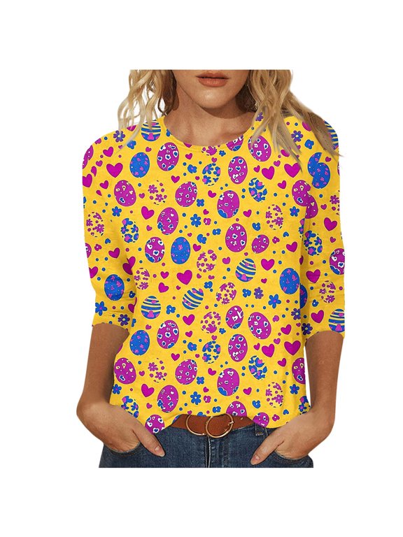 Women 3/4 Sleeve Tunic Blouse,Easter Shirts Women's 3/4 Sleeve Plus Size Crewneck Tunic Tops Funny Bunny Graphic Tee Shirts Spring Dressy Blouses