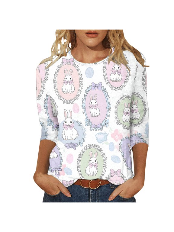 Women 3/4 Sleeve Tunic Blouse,Easter Shirts for Women 2026, Women's 3/4 Sleeve Easter Holiday Tops Funny Bunny Graphic Tees Loose Crewneck Blouses